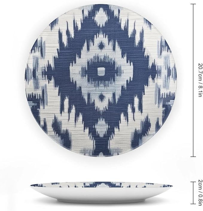 Navy Blue Grey Ikat China Plates of 6", 7", 9", 10", Customize Ceramic Ornaments Dessert Plates, Table Display Decorations Housewarming Gifts, with Display Stand And Hook Up