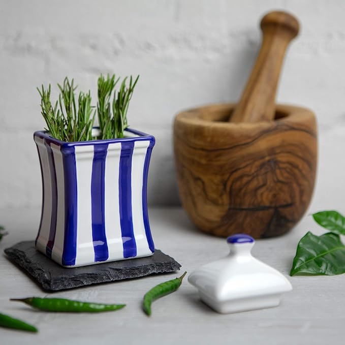 City to Cottage Handmade Small 5.3oz/150ml Ceramic Kitchen Herb, Spice, Storage Jar with Lid, Pottery Canister, Housewarming Gift (Navy Blue Stripe Coastal)