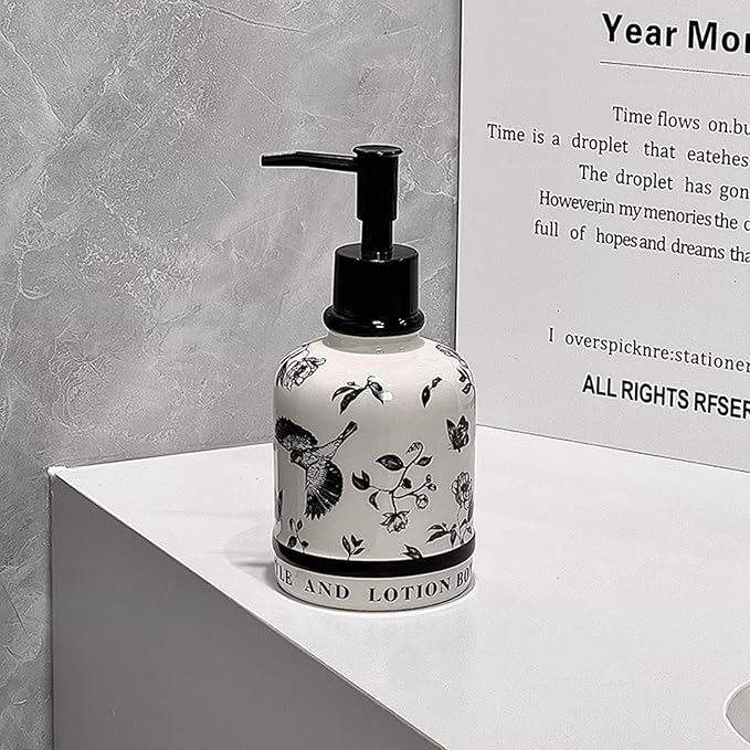 Vintage Ceramic Soap Dispenser, 14.2oz Mid-Century Modern with Flower and Bird Patterns - Refillable Lotion Bottle for Bathroom, Hand Soap Dispenser for Hotel