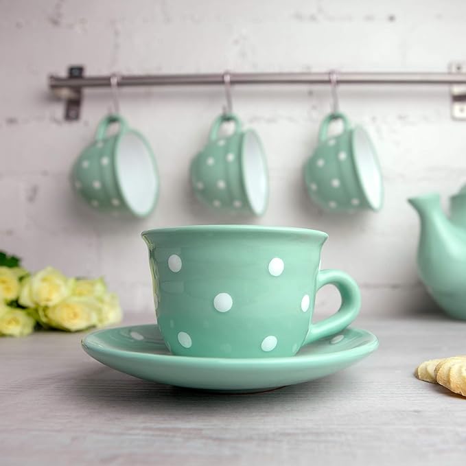City to Cottage Handmade Teal Blue and White Polka Dot Ceramic 8.4oz/250ml | Cappuccino, Coffee, Tea Cup and Saucer, Unique Designer Pottery Gift for Tea Lovers