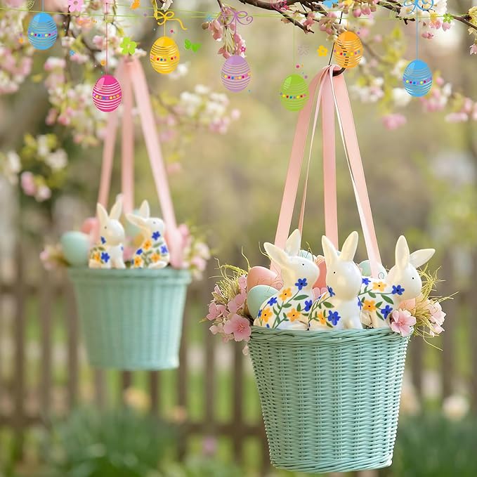 3 Pcs Ceramic Easter Bunny Decorations Spring Rabbits Hanging Ornaments Chinoiserie Blue and White Floral Bunny Figurines Centerpieces for Table Easter Tree Home Indoor Decor