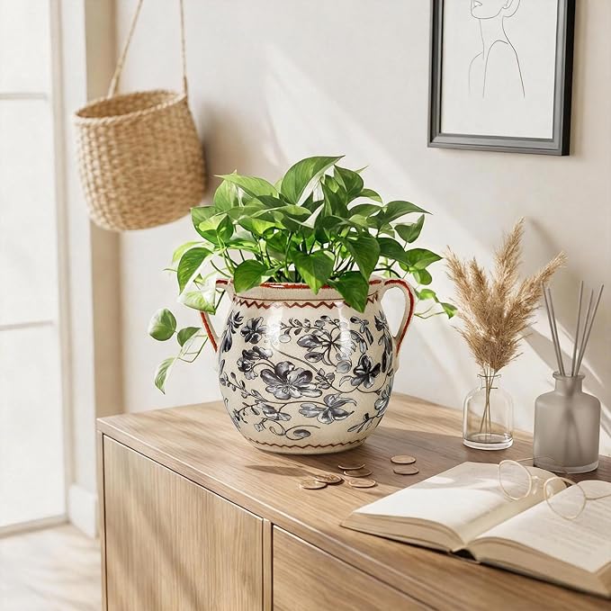 BUYMAX Ceramic Plant Pots for Indoor Plants with Drainage Hole, Vintage Crackle Glaze Hand-Painted Gray Flower Planter with Handles, Small Decorative Hanging Planter