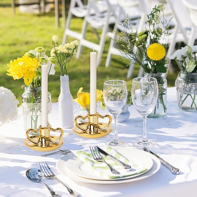 Gold Heart - Shaped Candle Holder, Taper Candle Holders with Dual Heart Handles, Elegant Candlestick Holders for Wedding/Valentine’s Day Decor