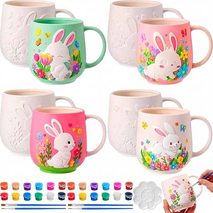 Zubebe 4 Sets Easter Paint Your Own Mugs Craft Kit, Bunny Ceramic to Paint, DIY Mugs for Adults, Festive Coffee Tea Cup for Adults with Painting Set for Easter Basket Stuffers Family Party Favors Gift