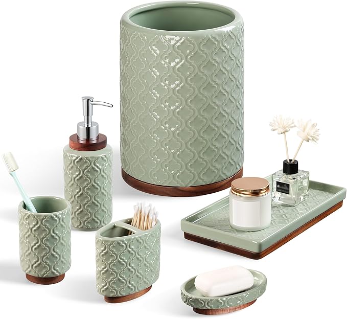 Elegant 6 PCS Ceramic&Wood Bathroom Accessories Set:Soap Dispenser,Toothbrush Holder,Tumbler,Soap Dish,Tray,Trash Can,Easy to Clean,Quatrefoil Pattern,Green-Affordable Home Luxury