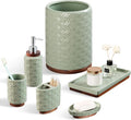 Elegant 6 PCS Ceramic&Wood Bathroom Accessories Set:Soap Dispenser,Toothbrush Holder,Tumbler,Soap Dish,Tray,Trash Can,Easy to Clean,Quatrefoil Pattern,Green-Affordable Home Luxury