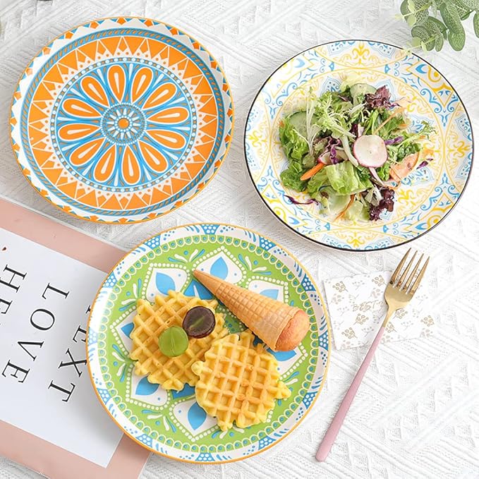 Dessert Plate Set of 6-8 Inch Ceramic Salad and Appetizer Plates - Vibrant Mix-and-Match Colors - Dishwasher and Microwave Safe