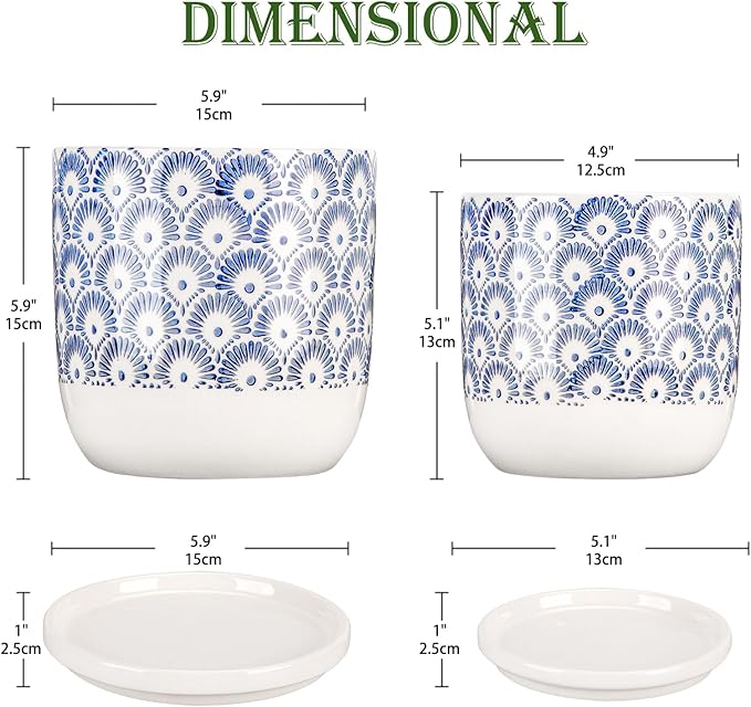 Ceramic Planter Pots for Indoor Outdoor, 5+6 inch Round Flower Pots with Drainage Hole and Tray, Blue and White Plant Pots for Succulent Orchid Flower, Gardening Home Desktop Office Use(Set of 2)