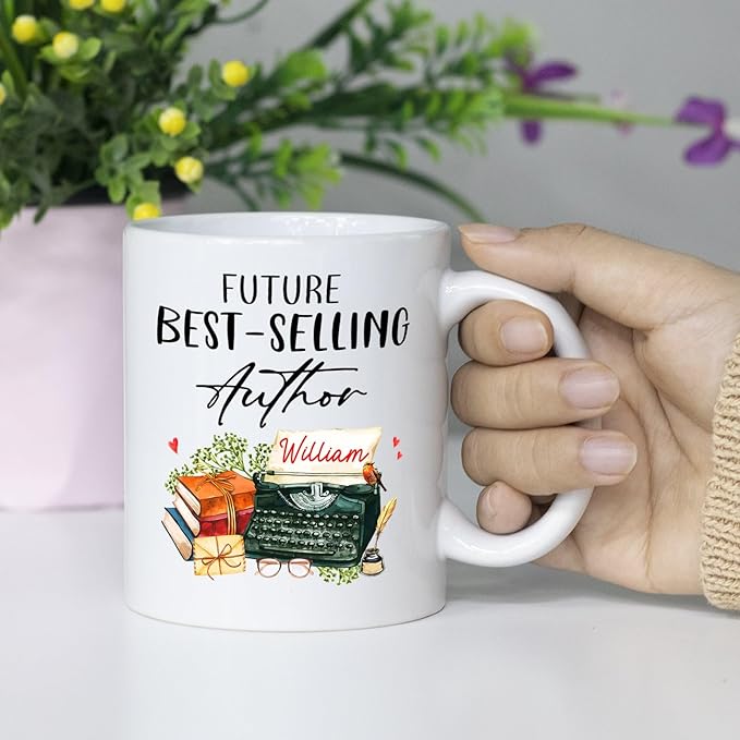 Future Best Author White Coffee Mug 11 Oz 15 Oz, Personalized Selling Author Writer Ceramic Coffee Cup Gifts For Birthday Anniversary, Custom Name Best Future Author Teacup, Typewriter Mug Cup Gift