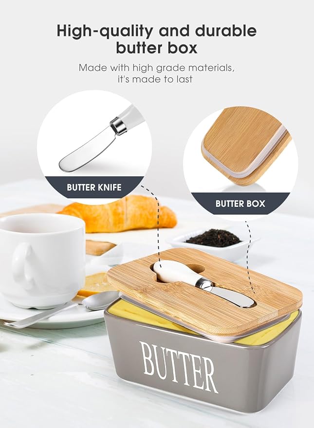 Butter Dish with Lid, Home Decor, Large Butter Dish for Countertop Ceramic Butter Keeper Container with Knife and High Quality Silicone Sealing Butter Box Good Kitchen Gift Grey