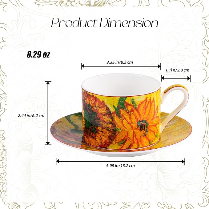 KAMMAK Tea Cups and Saucers Set of 2, Fine Bone China Coffee Cups, Stackable Espresso Mugs, Ceramic Demitasse for Coffee, Cappuccino, Latte, Americano, Tea, Large - Sunflower Oil Painting