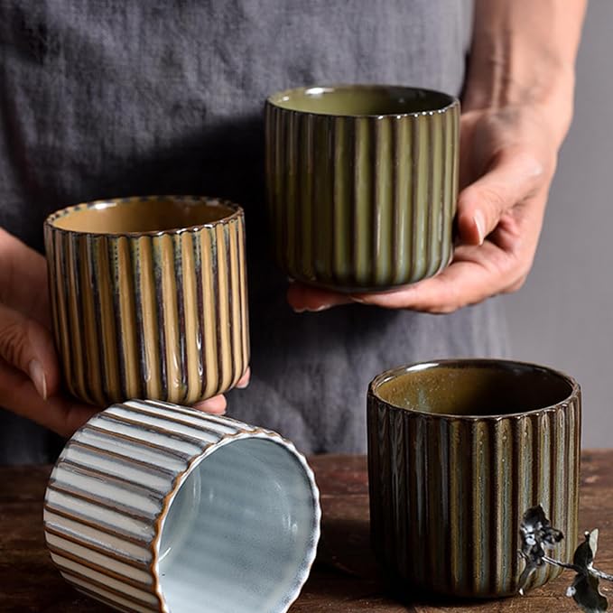 Vinitage Ceramic Mug, Japanese Tea Cup 6oz Striped Cup No Handle Drinking Cup for Latte Milk Water Beverage Juice Microwave and Dishwasher Safe, Kiln Transformation Cup (Gray)