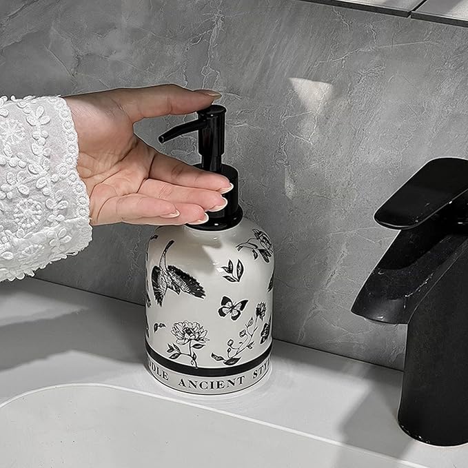 Vintage Ceramic Soap Dispenser, 14.2oz Mid-Century Modern with Flower and Bird Patterns - Refillable Lotion Bottle for Bathroom, Hand Soap Dispenser for Hotel