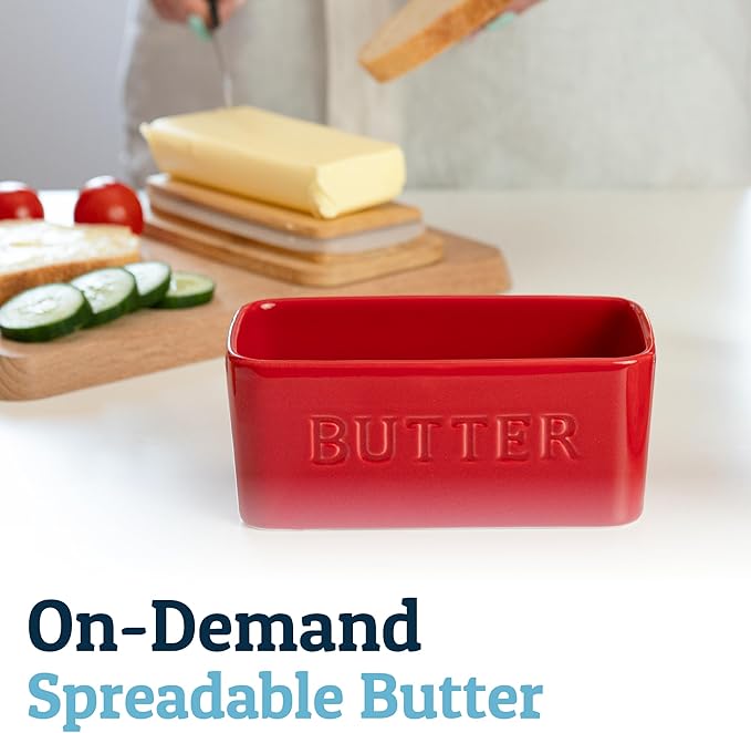 PriorityChef Extra Large Butter Dish with Lid for Countertop, Ceramic Butter Container With Airtight Cover, Butter Keeper for Counter or Fridge, Butter Holder Storage, Red