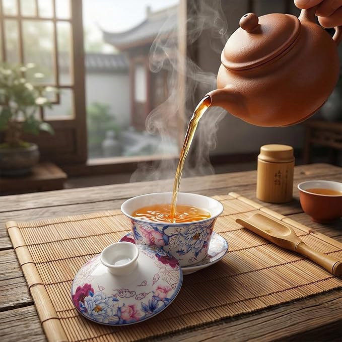 Set of 3 Gaiwan Chinese Tea Cup, 10 Oz Large Porcelain Tea Cup with Lid and Saucer, Traditional Handmade Kungfu Tea Bowl Set for Home Decor Kitchen Coffee, Flower Pattern