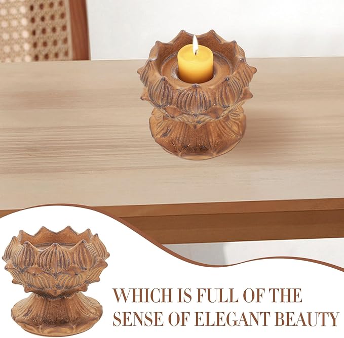 Vintage Lotus Ceramic Candlestick Holder Rust Color Buddhist Candle Holder for Home Decor Asian Style