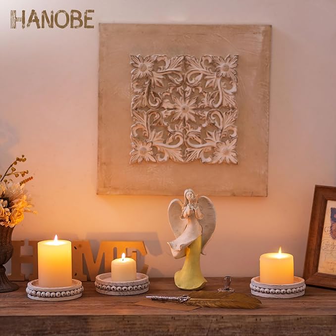 Hanobe Candle Holder for Pillar Candles: Set of 3 Rustic Farmhouse Wooden Candlestick Holders - Whitewashed Candle Stand for Table Centerpieces Fireplace Mantel Home Decor