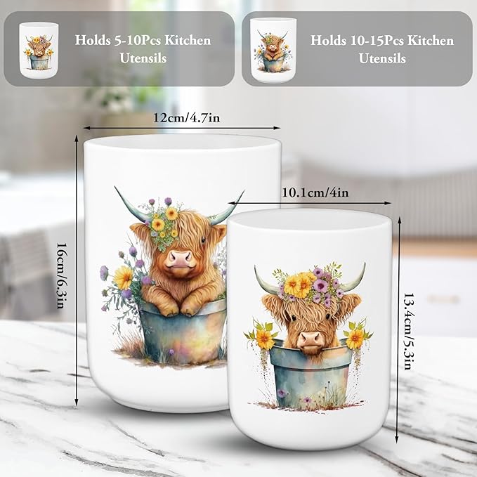 Highland Cow Ceramic Utensil Holder Watercolor Cow Floral Utensil Crock for Farmhouse Home Kitchen Countertop Storage Organizer, Set of 2