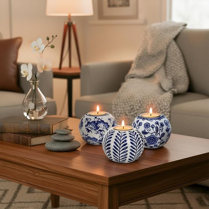 Okllen Set of 4 Blue and White Decor Ceramic Tealight Holders, Chinoiserie Decor Votive Candle Holders for Wedding Party Centerpiece, Holiday Home Table Decor, 1.8" Dx2.75 H