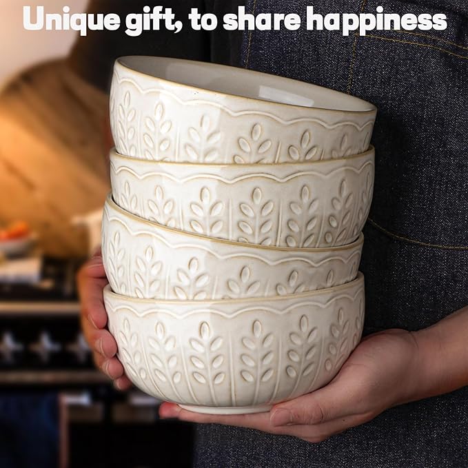 Artena Soup Bowls 32 OZ, Cereal Bowls Set of 4, White Embossment Ceramic Ramen Bowls for Dinner, Salad, Pho, Noodle, Pasta, Snacks, Dishwasher Microwave Safe, 6.3 Inch, Wheat Leaf (Pack of 2)