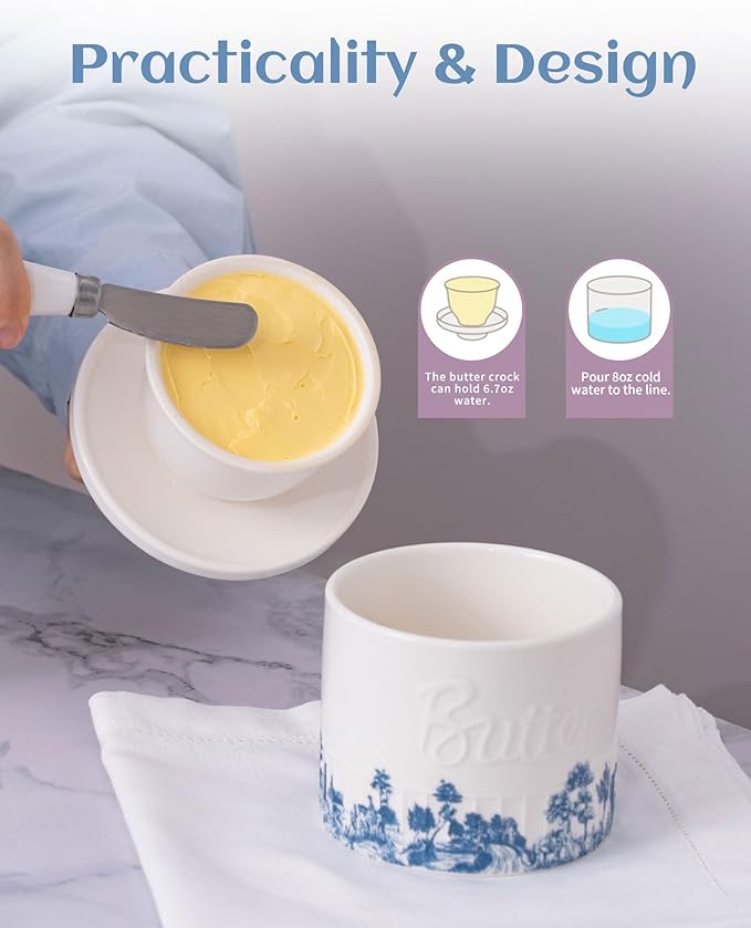 TEATALK Vintage Boho Butter Crock - French Ceramic Butter Keeper for Counter,Blue and White Porcelain Butter Dish with Lid, Stay Soft Spreadable Butter Container, 6.7 oz Aesthetic Kitchen Decor