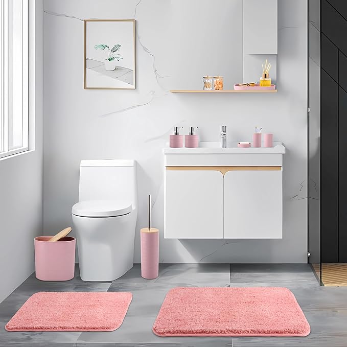Bathroom Set - Pink Bathroom Accessories Set, Bathroom Sets with Shower Curtain and Rugs, 25PC Shower Curtain Set with Hooks, Soap Dispenser, Soap Dish, Toilet Brush Holder and Trash Can