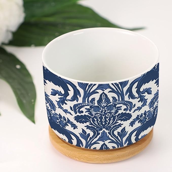 Blue Regalia Lion Small Ceramics Pots for Plants Set of 1 Indigo Blue Flower Lion Asian Ceramics Planter with Drainage and Bamboo Tray Chinoiserie Asian Garden Decor Succulent Pot