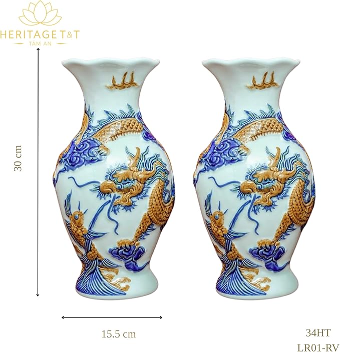 HERITAGE T&T Dragon Flower Ceramic Altar Vase Pair – Bat Trang Handmade Blue & White Vase Set – Buddhist Temple Flower Vase – Asian Home Decor – 1 Pair (2 Vases) - Blue & Yellow Glaze- 30 cm (11.8 in)