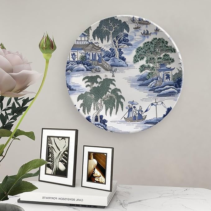 Asian Scenic in Blue And Kelly Green Chinoiserie Vintage Plates for Display Housewarming Gifts Kitchen Supplies Office Farmhouse Holiday Party Decorations Personalized Gifts for Men Women Holiday
