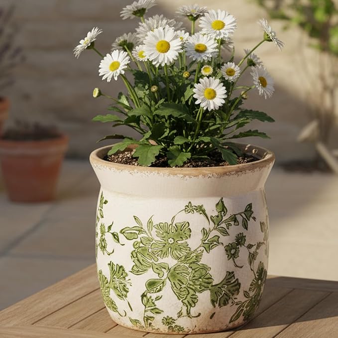 Vintage Farmhouse Ceramic Planter & Kitchen Utensil Holder - 6.21 Inch Tuscan Rustic Plant Pot with Drainage for Indoor/Outdoor Use, Garden & Home Decor, Unique Gift (Green Leaf)