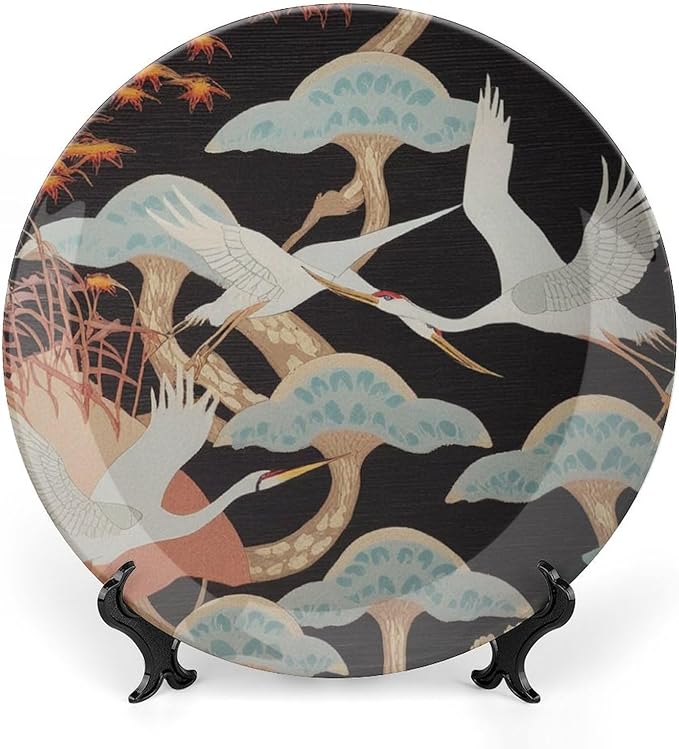 Japanese Crane Asian Oriental Birds China Plates, Custom Heron Floral Autumn Leaves Branch Ceramic Salad Plates, Housewarming Gifts Art Decoration Decorations Club, Unique Art with Stand
