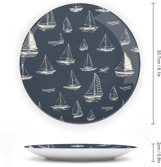 Personalized Gifts Plates Ceramic, Sail Boats Nautical Navy Blue Ceramic Hanging Decorative Plate Wall Including Bracket And Special Hook, Vintage Decor for Table Display Kitchen, 6", 7", 8", 10"
