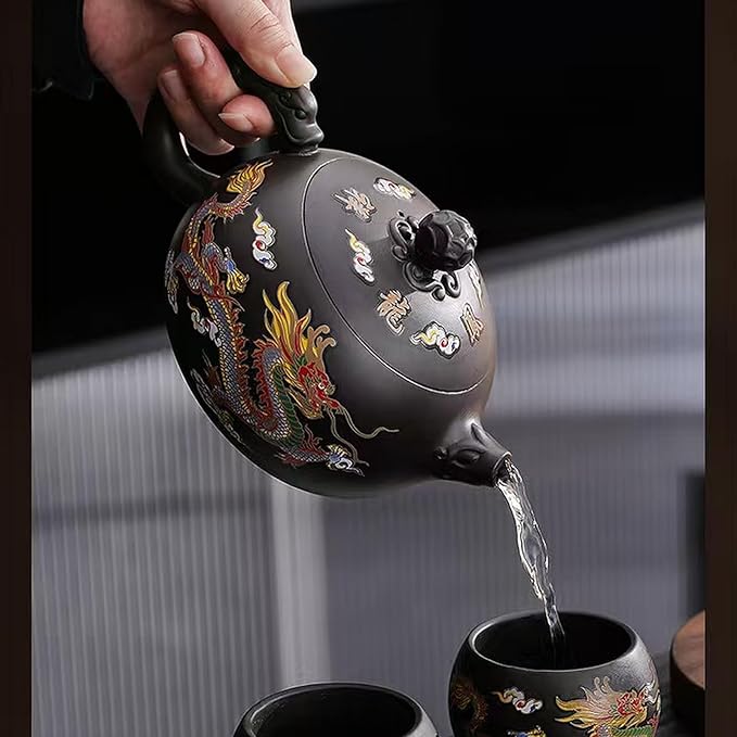Zisha Tea Set, Chinese Tea Set with Gift Package, Suitable for Father's Day, Mather's Day, Birthday, Christmas Gifts (Round Dragon)