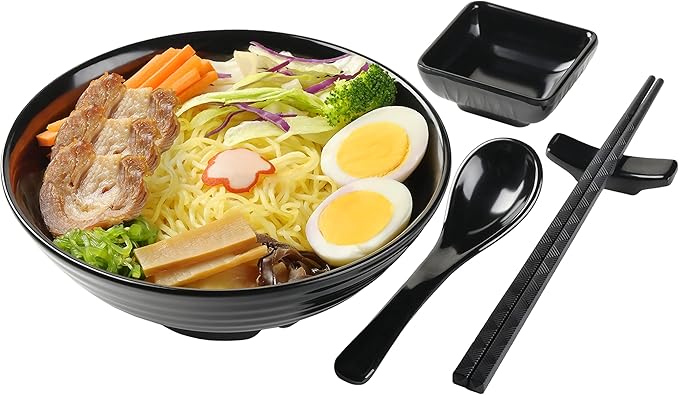 Unbreakable Ramen Bowl Set with Chopsticks and Spoon: 2 large Japanese Style Melamine Ramen Bowls, Dipping Bowls and Chopstick Stands for Asian Pho Soup Thai Miso Udon Wonton (2 Bowl Set, Black)