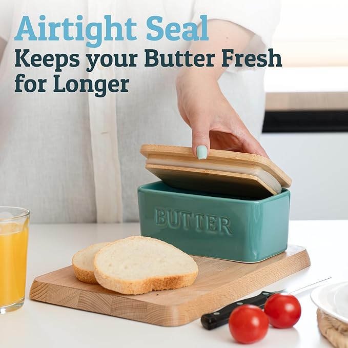 PriorityChef Extra Large Butter Dish with Lid for Countertop, Ceramic Butter Container With Airtight Cover, Butter Keeper for Counter or Fridge, Butter Holder Storage, Turquoise
