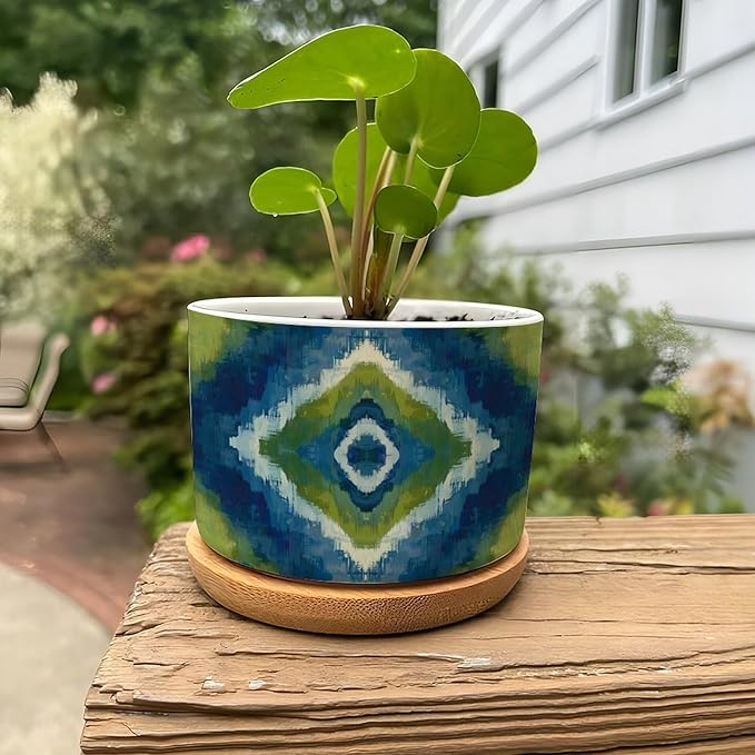 DreamAutumn Blue and Green Geometric Ikat Ceramic Pots for Plants with Drainage Holes Round Flower Pot Bamboo Tray Orchid Pot Succulents Pots for Outdoor Indoor Plants,Housewarming Gifts