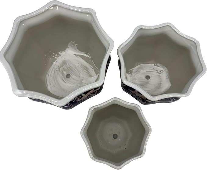 Galt International Blue & Pink Round Fluted Floral Porcelain Ceramic Plant Flower Planter Pot Set of 3 (7.5", 10", 13") Garden Pots Chinese Asian Design