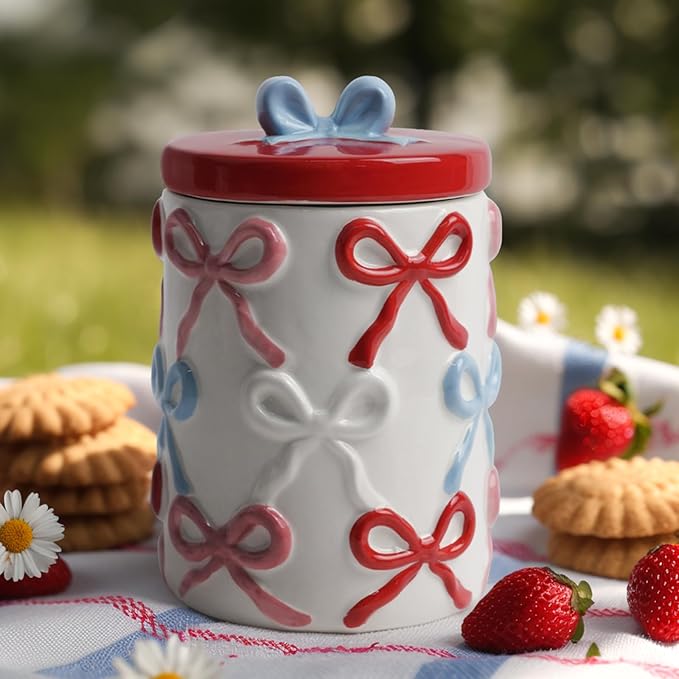 Cookie Jars with Lid Airtight, 42 OZ Large Ceramic Food Storage Containers, Red Bow Kitchen Canisters for Countertop, Suitable for Home Decor of Coffee, Sugar, Tea, Flour, Dog Treat (7.5 In)