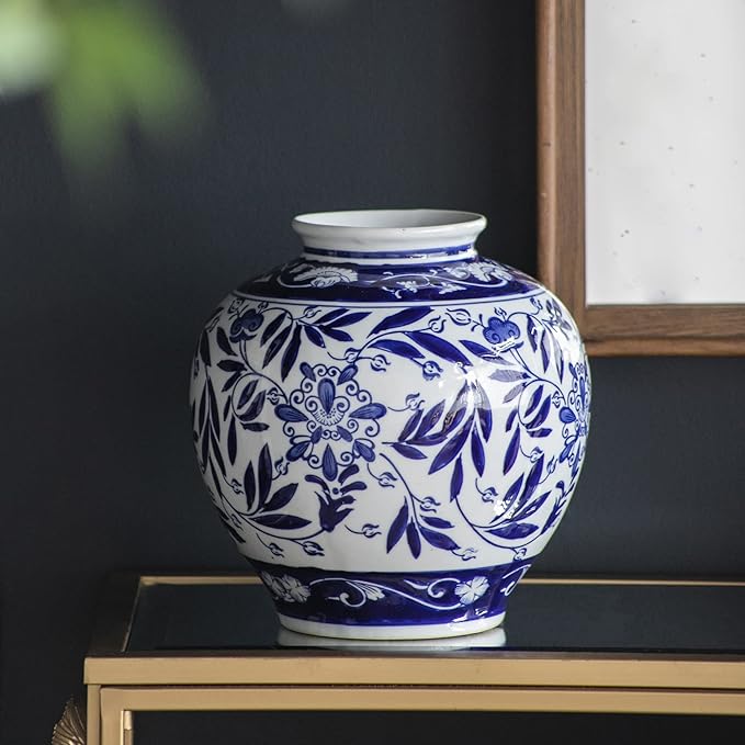 A&B Home Blue and White Porcelain Flower Vase, Ceramic Vase for Home Decor, Bedroom Living Room Console Table Accent, 9" x 9" x 9"