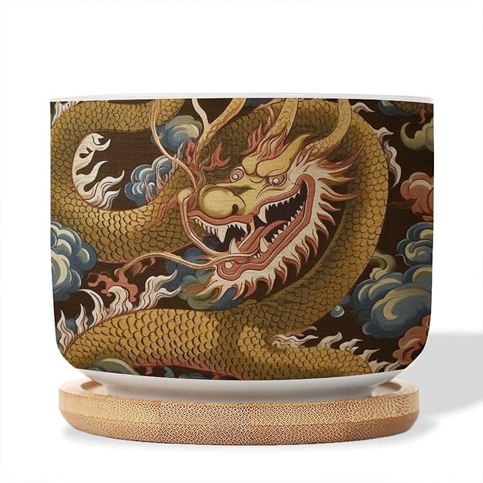 5 Piece Ceramics Plant Pot Antique Chinoiserie Dragon Small Pot for Flowers Dragon Gold Oriental Style Asian Flower Pot for Indoor Chinoiserie Plant Pot with Drainage Bamboo Trays