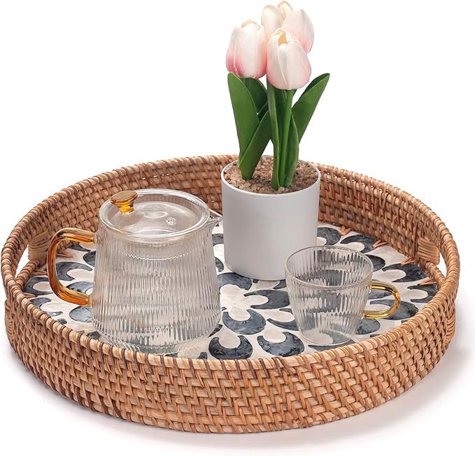 YANGQIHOME Round Serving Tray with Handle, Rattan Tray with Decorative Mother of Pearl Inlay, Round Wicker Trays for Home Decor, Coffee Table, Gifts, Dining,13.8 inch