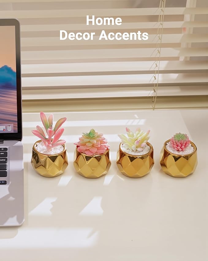 VIVERIE Mini Succulents Plants Artificial in Pots-Pink with Golden Ceramic, Christmas Small Fake Succulents Plants for Home Decor Indoor Christmas Decor for Women, Set of 4, Gifts for Mom