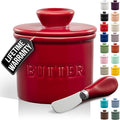 Zulay Kitchen Bell Shaped Butter Crock with Lid for Countertop with Water Line & Spreader Knife, Ceramic French Butter Dish Keeper For Fresh, Soft & Spreadable Butter - Garnet