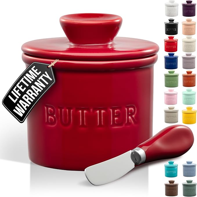 Zulay Kitchen Bell Shaped Butter Crock with Lid for Countertop with Water Line & Spreader Knife, Ceramic French Butter Dish Keeper For Fresh, Soft & Spreadable Butter - Garnet