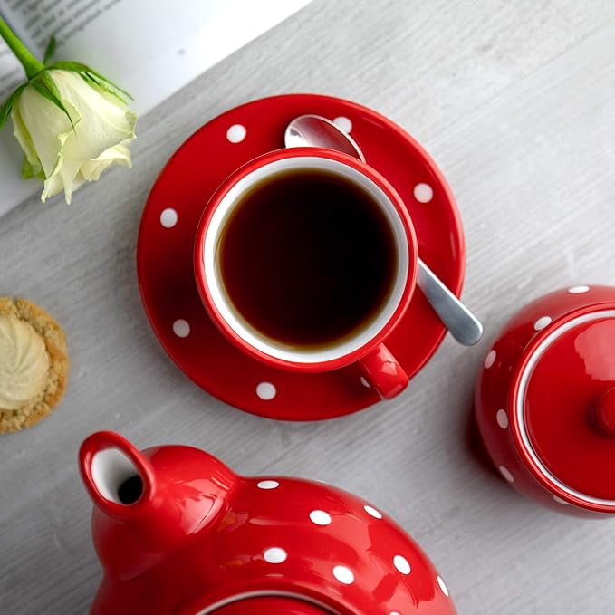 City to Cottage Handmade Red and White Polka Dot Ceramic 8.4oz/250ml | Cappuccino, Coffee, Tea Cup and Saucer, Unique Designer Pottery for Tea Lovers