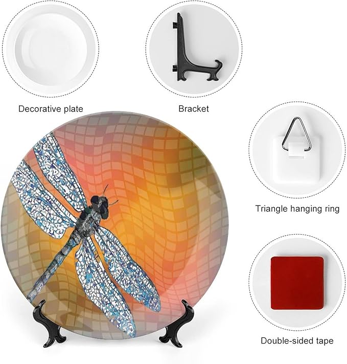 XISUNYA 8 Inch Decorative Plate, Dragonfly Ceramic Plate, Bird Like Bugs Flying on Orange Marigold Abstract Geometric Print Ornament Display Plate Decor Accessory for Dining, Parties, Wedding