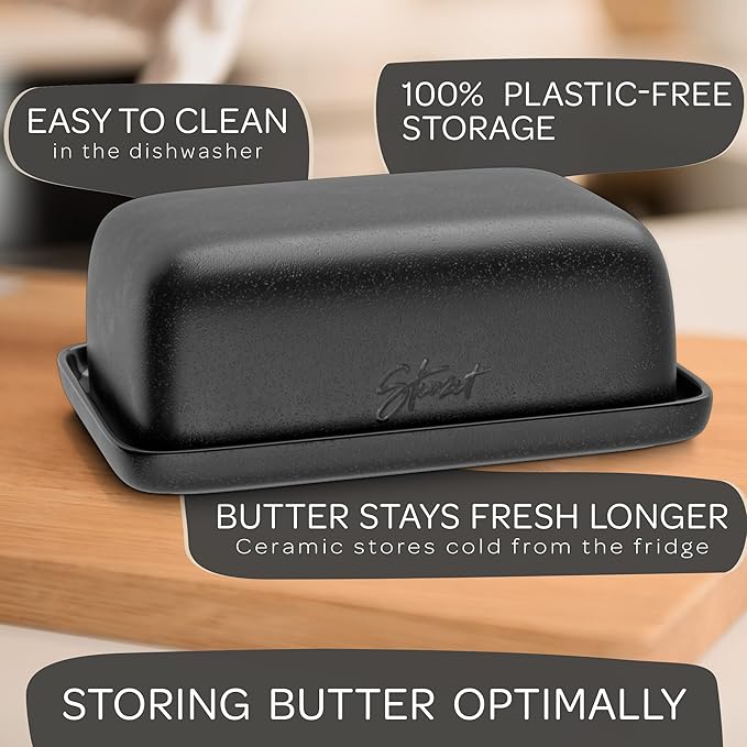 STEINZEIT Butter Dish with Lid (4.9 in x 6.9 in) - Ceramic Butter Dish - Large Butter Container for 2 pcs of Western Butter - Butter Dish with Lid for Countertop - Butter Holder Dishwasher Safe