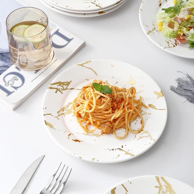 6-Piece Ceramic Plates Set - 8 Inch White Marble-Pattern Appetizer & Dessert Plates with Gold Rim, Microwave and Dishwasher Safe
