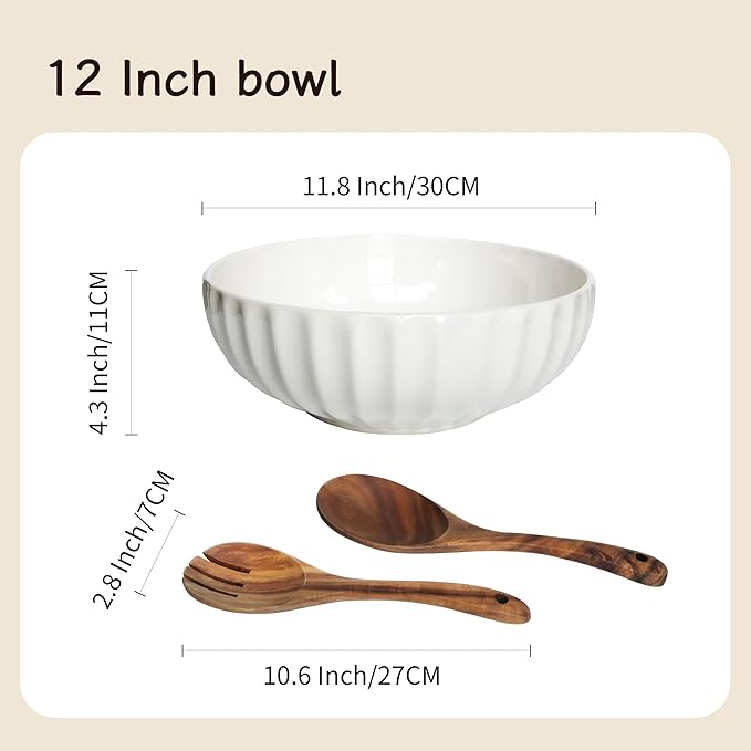 12-Inch Large Ceramic Salad Bowl Set with Wooden Servers, Decorative Serving Bowl with Ribbed Design for Pasta, Fruit (White)