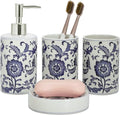 Chinese Blue and White Porcelain Bathroom Set – 4-Piece Ceramic Bath Accessory Set with Lotion Dispenser, Toothbrush Holder, Tumbler, and Soap Dish